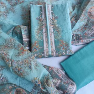 A collection of elegant turquoise fabrics adorned with intricate floral patterns, ideal for fashion projects.